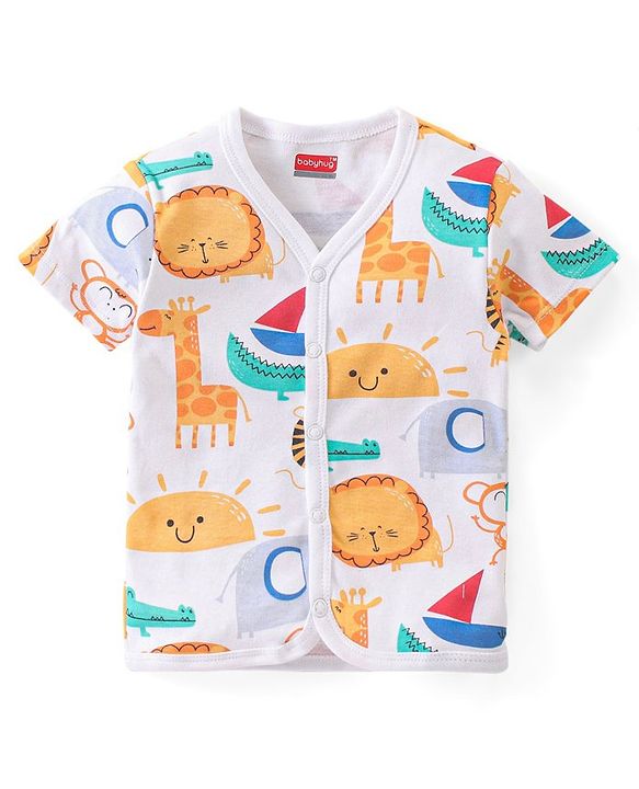 Babyhug 100% Cotton Interlock Front Open Vest Elephant Print Pack of 3 - Yellow & White
