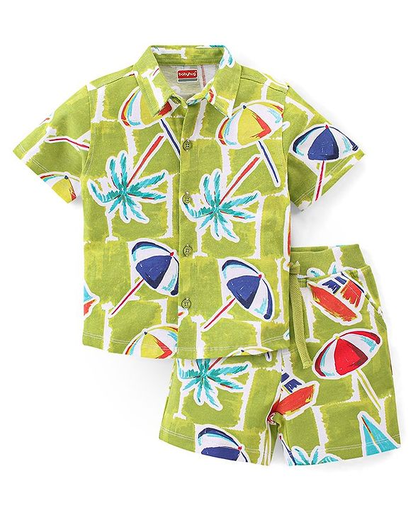 Babyhug Single Jersey Knit Half Sleeves Shirt & Shorts Beach Print - Green