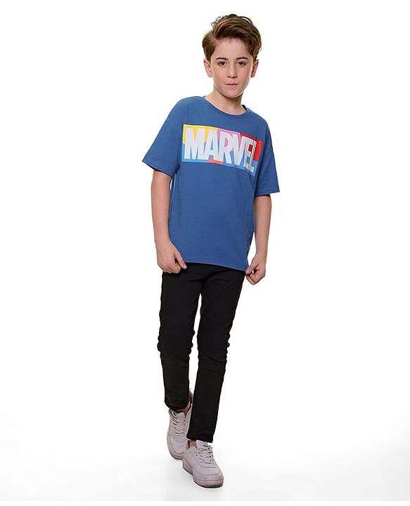Pine Kids Marvel Cotton Knit Oversized Drop SHoulder Half Sleeves Text Printed T-Shirt - Blue