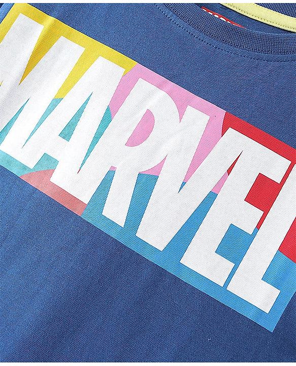 Pine Kids Marvel Cotton Knit Oversized Drop SHoulder Half Sleeves Text Printed T-Shirt - Blue