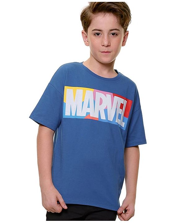 Pine Kids Marvel Cotton Knit Oversized Drop SHoulder Half Sleeves Text Printed T-Shirt - Blue