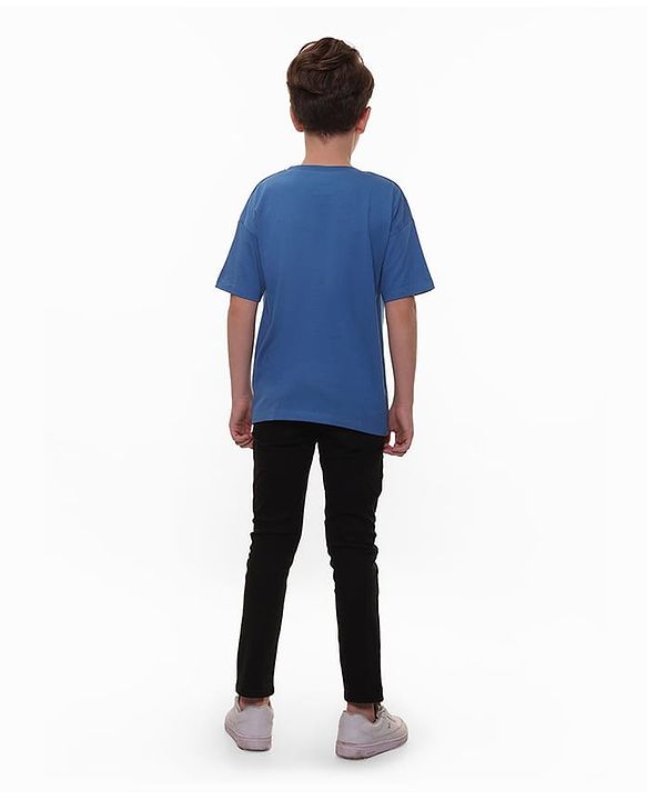 Pine Kids Marvel Cotton Knit Oversized Drop SHoulder Half Sleeves Text Printed T-Shirt - Blue