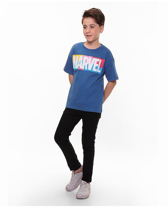 Pine Kids Marvel Cotton Knit Oversized Drop SHoulder Half Sleeves Text Printed T-Shirt - Blue
