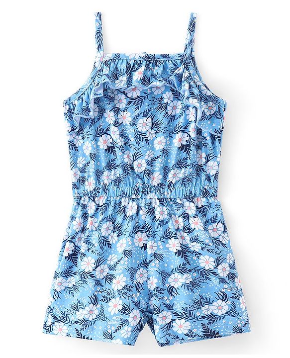Babyhug 100% Cotton Knit Single Jersey Singlet Sleeve Jumpsuit With Floral Print - Blue