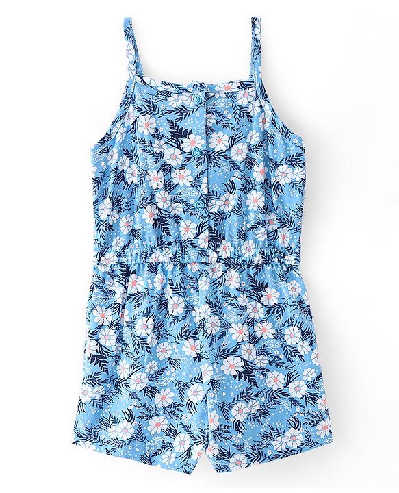 Babyhug 100% Cotton Knit Single Jersey Singlet Sleeve Jumpsuit With Floral Print - Blue