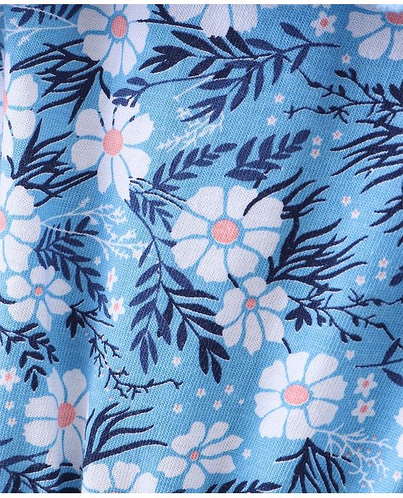 Babyhug 100% Cotton Knit Single Jersey Singlet Sleeve Jumpsuit With Floral Print - Blue