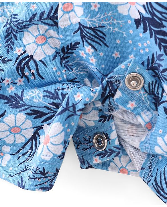 Babyhug 100% Cotton Knit Single Jersey Singlet Sleeve Jumpsuit With Floral Print - Blue