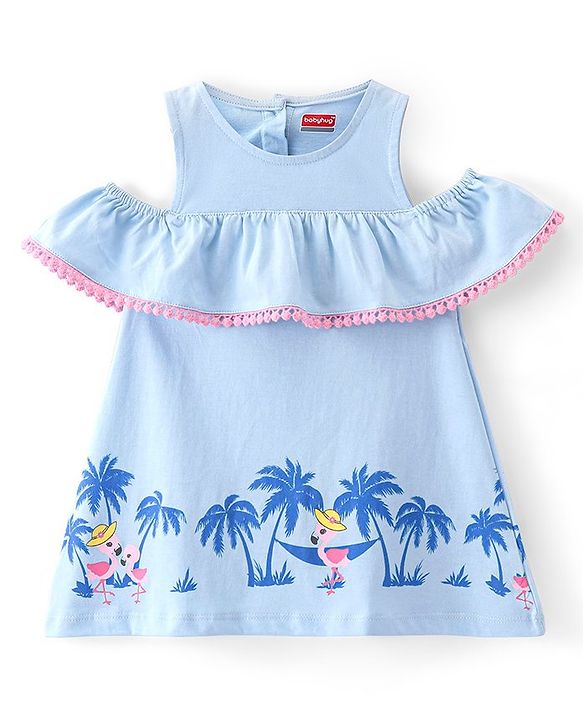 Babyhug Single Jersey Knit Cold Shoulder Frock With Flamingo Print - Blue