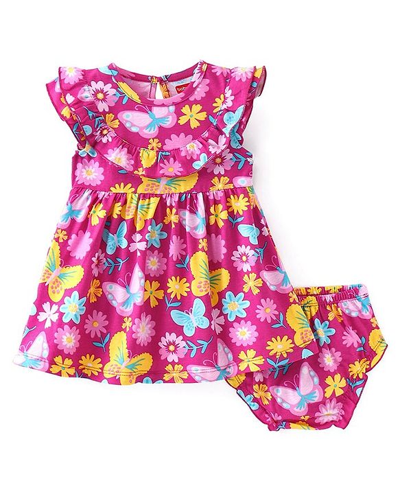 Babyhug Single Jersey Knit Frill Sleeves Frock With Bloomer Floral Print - Pink