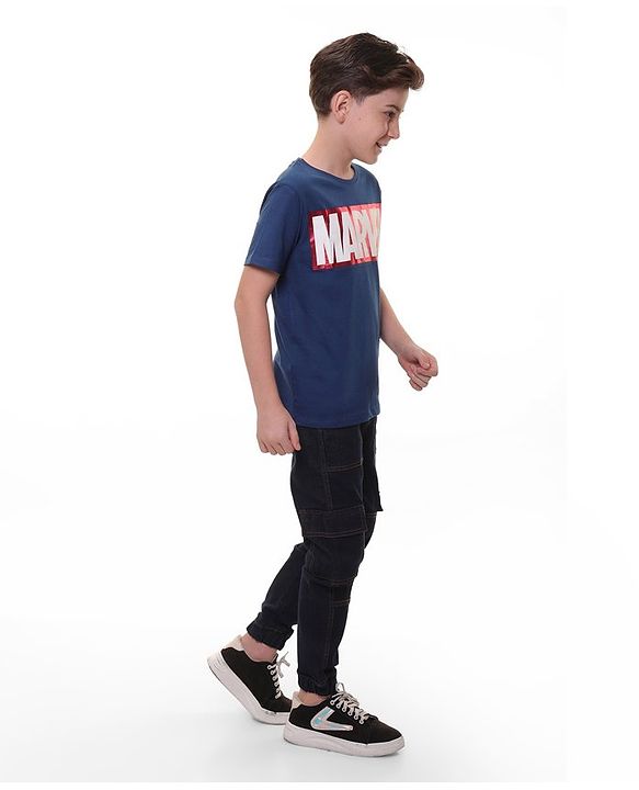 Pine Kids Marvel Half Sleeves Marvel Text Graphics T-Shirt - Blue