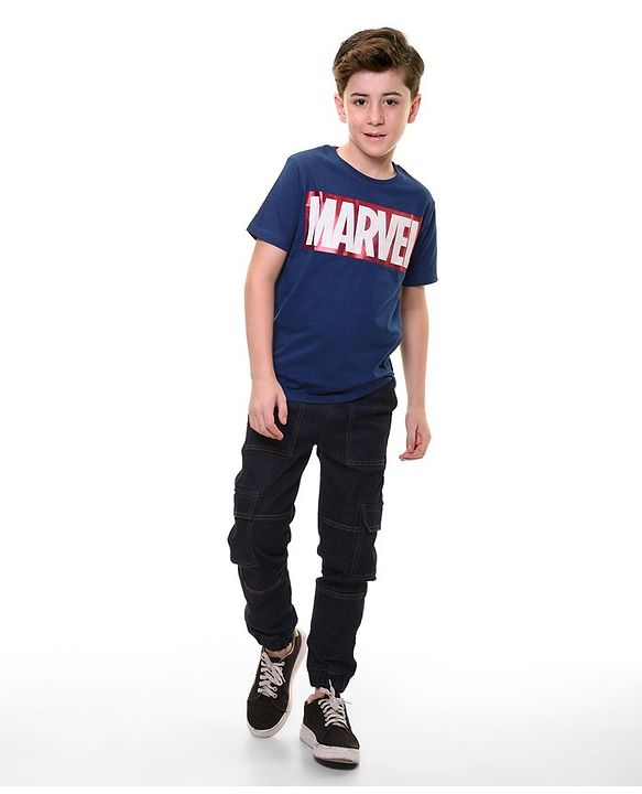 Pine Kids Marvel Half Sleeves Marvel Text Graphics T-Shirt - Blue