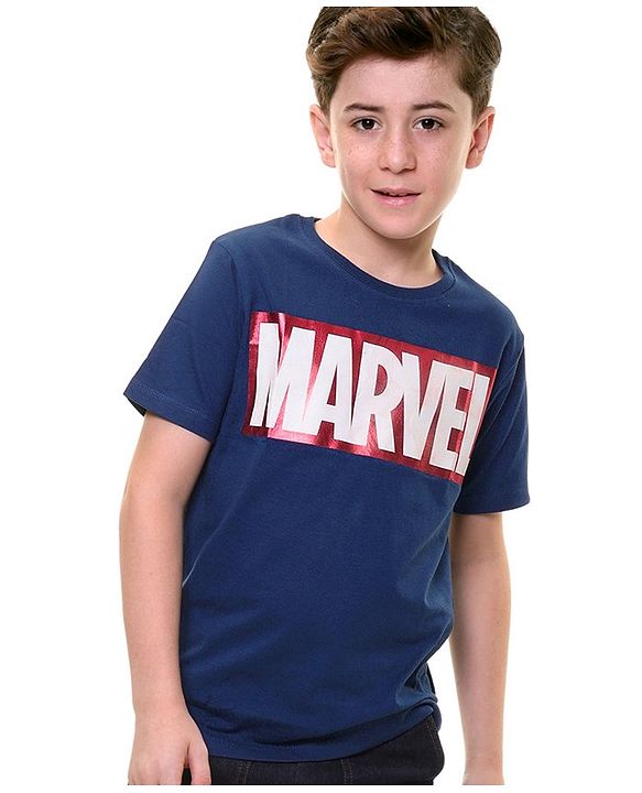 Pine Kids Marvel Half Sleeves Marvel Text Graphics T-Shirt - Blue