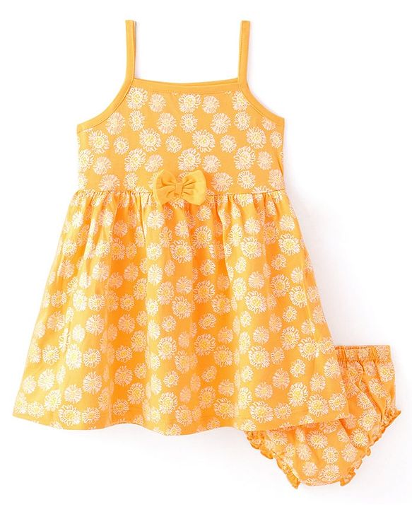 Babyhug 100% Cotton Single Jersey Knit Sleeveless Singlet Frock With Bloomer Floral Print - Yellow