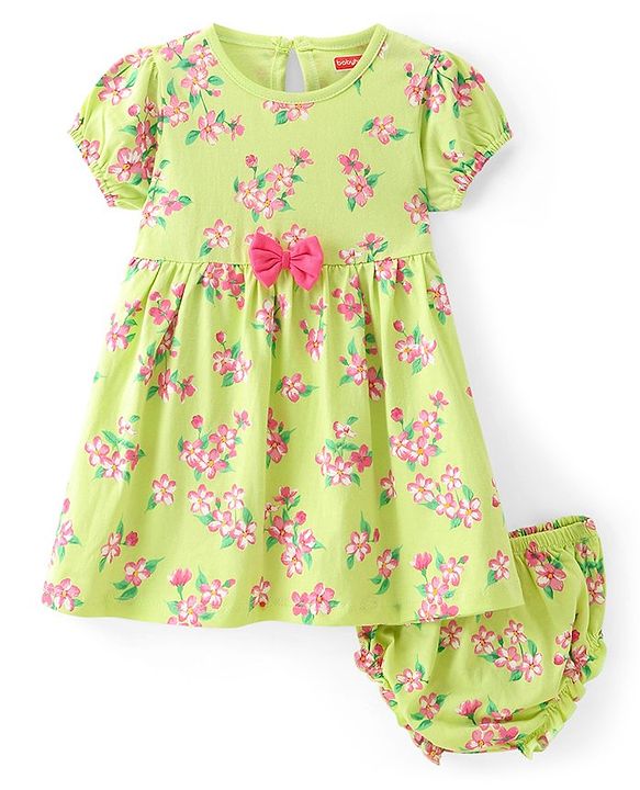 Babyhug Single Jersey Knit Floral Printed Frock with Bloomer & Bow Applique - Yellow