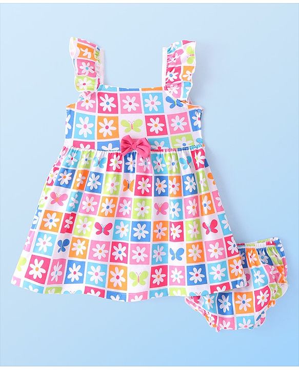 Babyhug Single Jersey Knit Frill Sleeves  Frock with Bloomer Floral Print - White