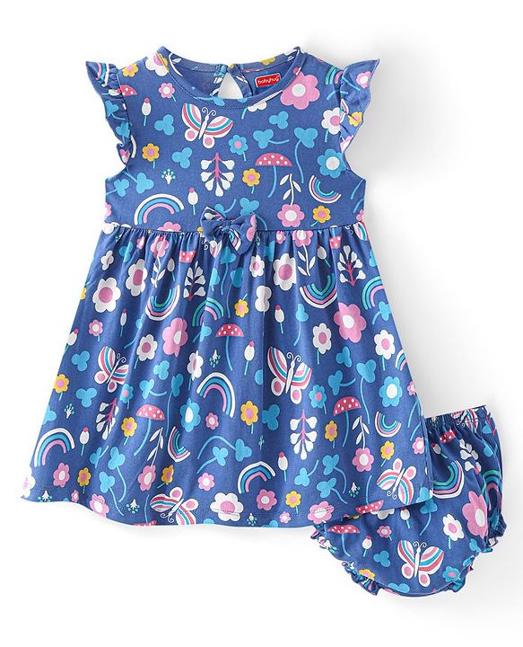 Babyhug Single Jersey Knit Frill Sleeves Frock with Bloomer & Bow Butterfly Print - Navy Blue