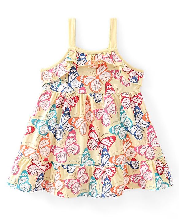 Babyhug Single Jersey Singlet A-Line Tiered Frock with Butterfly Print & Frill Detailing - Yellow