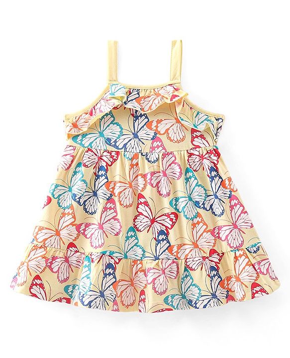 Babyhug Single Jersey Singlet A-Line Tiered Frock with Butterfly Print & Frill Detailing - Yellow