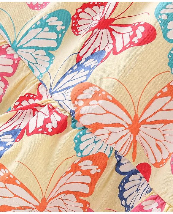 Babyhug Single Jersey Singlet A-Line Tiered Frock with Butterfly Print & Frill Detailing - Yellow