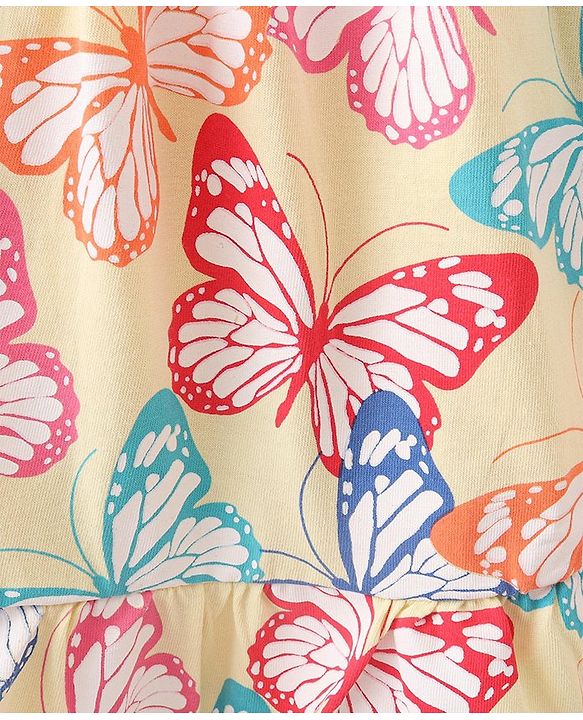 Babyhug Single Jersey Singlet A-Line Tiered Frock with Butterfly Print & Frill Detailing - Yellow