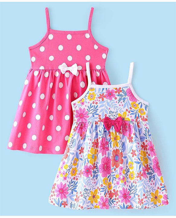 Babyhug Cotton Single Jersey Knit Sleeveless Frocks Polka Dot & Floral Print Pack of 2 White & Pink