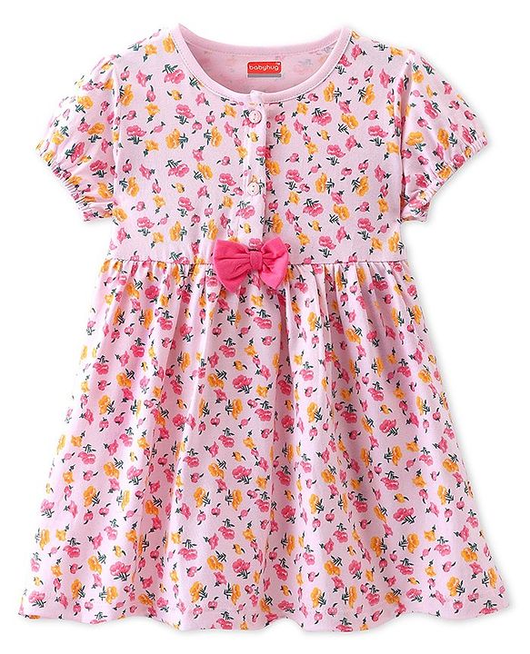 Babyhug Single Jersey Knit Half Sleeves Frock with Floral Print & Bow Applique - Pink