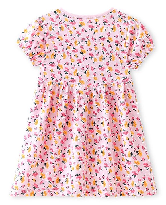 Babyhug Single Jersey Knit Half Sleeves Frock with Floral Print & Bow Applique - Pink