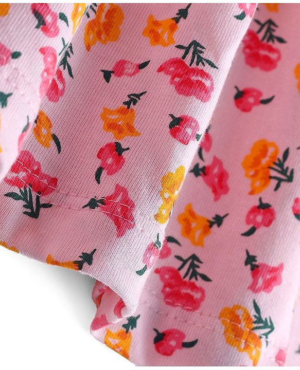Babyhug Single Jersey Knit Half Sleeves Frock with Floral Print & Bow Applique - Pink