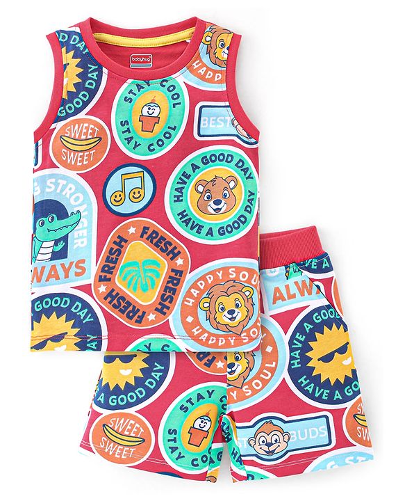 Babyhug 100% Cotton Knit Single Jersey Sleeveless T-Shirt & Shorts Text Print - Red