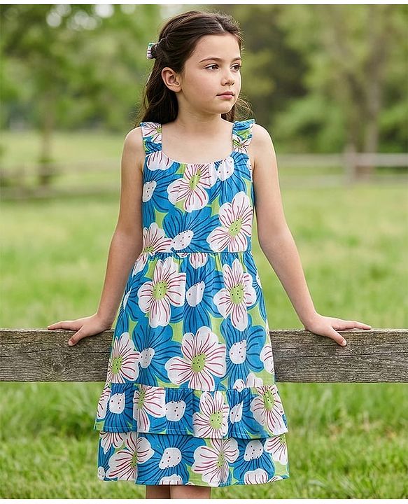 Pine Kids 100% Cotton Knit Sleevless Frock with Floral Print - Blue & Green