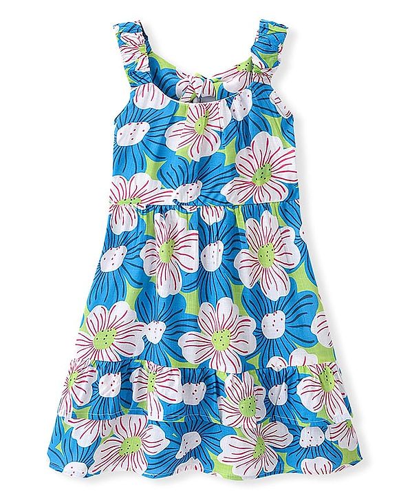 Pine Kids 100% Cotton Knit Sleevless Frock with Floral Print - Blue & Green