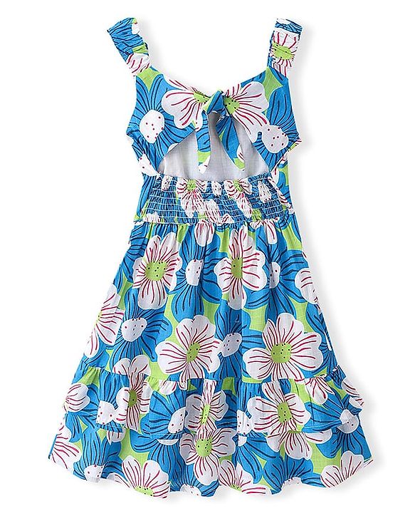 Pine Kids 100% Cotton Knit Sleevless Frock with Floral Print - Blue & Green