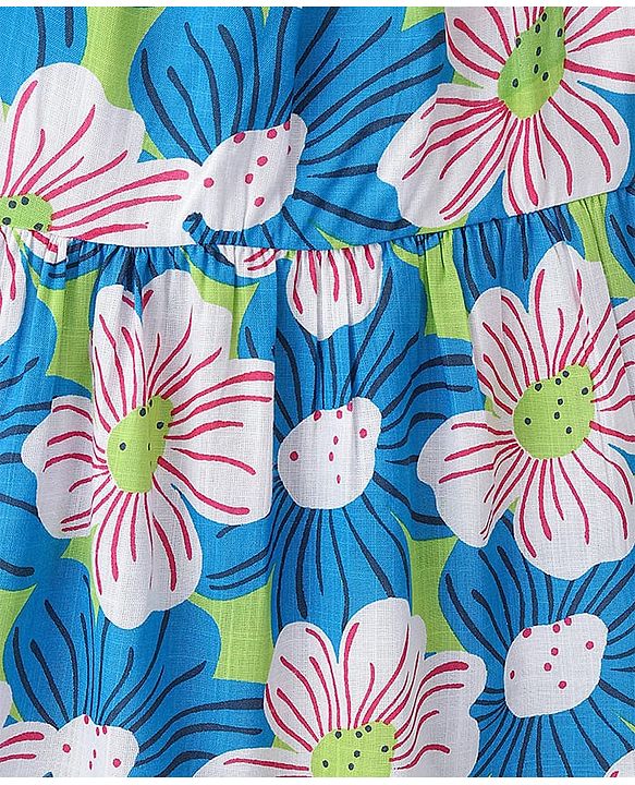 Pine Kids 100% Cotton Knit Sleevless Frock with Floral Print - Blue & Green