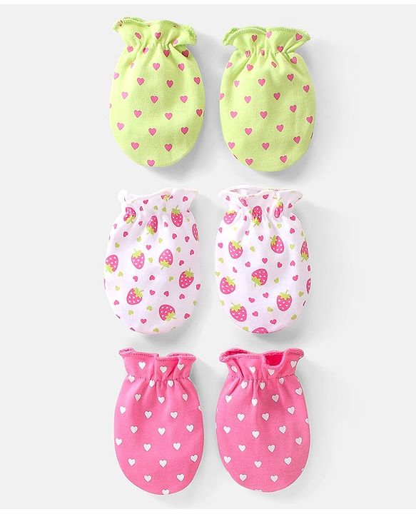Babyhug 100% Cotton Mittens Heart & Strawberry Print Pack of 3 - Multicolour