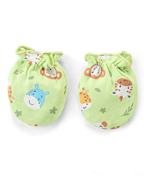 Babyhug 100% Cotton Knit Animal Print Mittens and Booties - Green