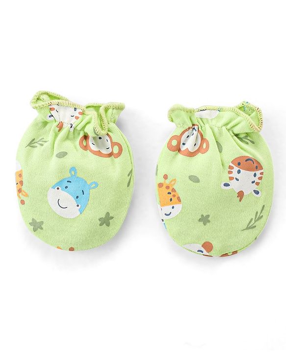 Babyhug 100% Cotton Knit Animal Print Mittens and Booties - Green