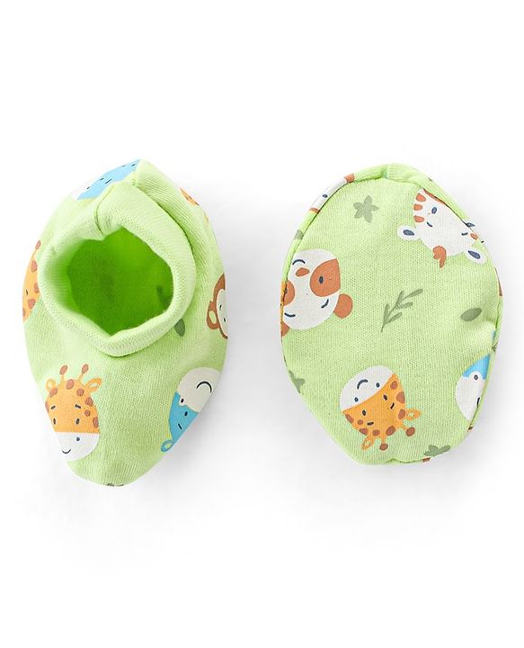 Babyhug 100% Cotton Knit Animal Print Mittens and Booties - Green