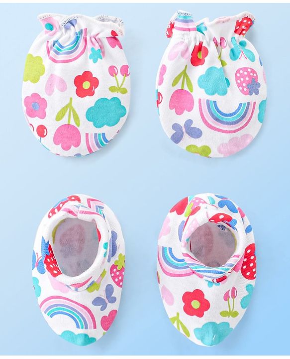 Babyhug 100% Cotton Knit Floral Print Mittens and Booties - Multicolor