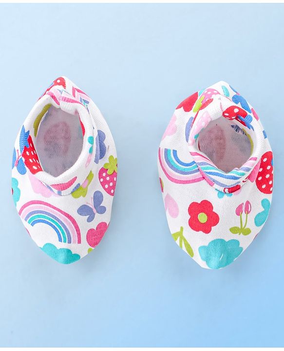 Babyhug 100% Cotton Knit Floral Print Mittens and Booties - Multicolor