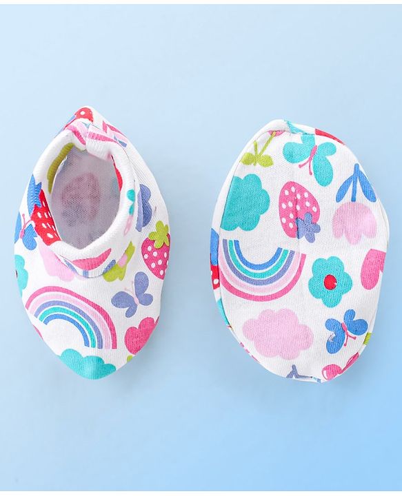 Babyhug 100% Cotton Knit Floral Print Mittens and Booties - Multicolor