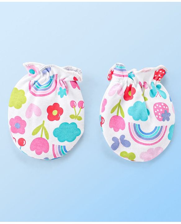 Babyhug 100% Cotton Knit Floral Print Mittens and Booties - Multicolor