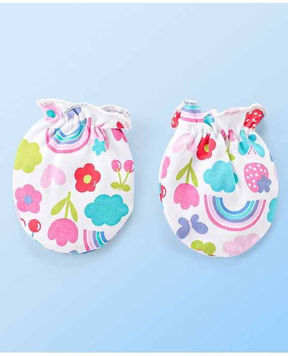 Babyhug 100% Cotton Knit Floral Print Mittens and Booties - Multicolor