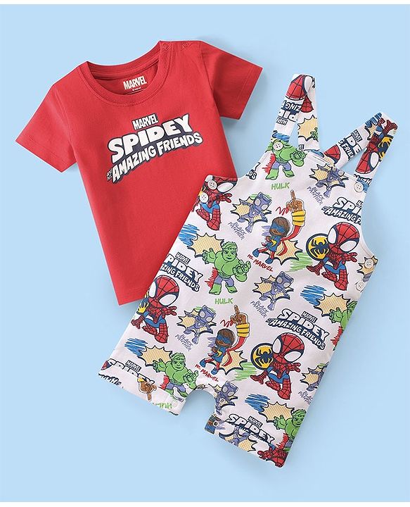 Babyhug Marvel Single Jersey Knit Dungaree With Half Sleeve Inner T-Shirt With Spiderman Print - Red & White