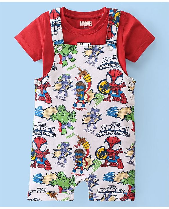 Babyhug Marvel Single Jersey Knit Dungaree With Half Sleeve Inner T-Shirt With Spiderman Print - Red & White