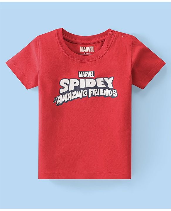 Babyhug Marvel Single Jersey Knit Dungaree With Half Sleeve Inner T-Shirt With Spiderman Print - Red & White