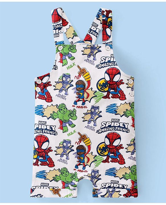 Babyhug Marvel Single Jersey Knit Dungaree With Half Sleeve Inner T-Shirt With Spiderman Print - Red & White