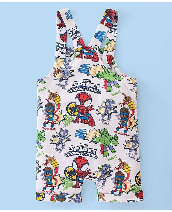 Babyhug Marvel Single Jersey Knit Dungaree With Half Sleeve Inner T-Shirt With Spiderman Print - Red & White