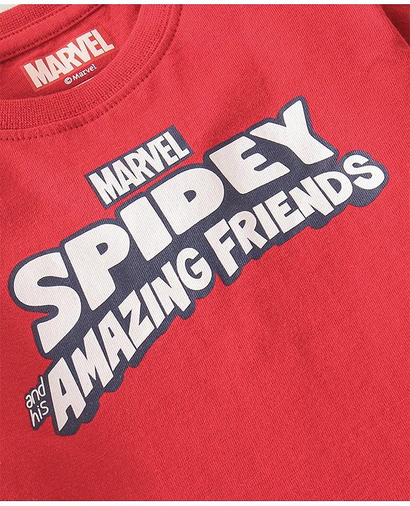 Babyhug Marvel Single Jersey Knit Dungaree With Half Sleeve Inner T-Shirt With Spiderman Print - Red & White