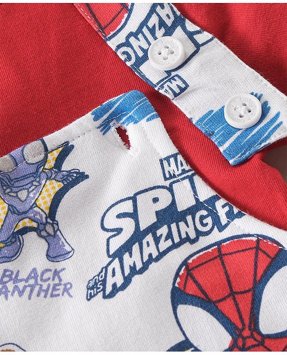 Babyhug Marvel Single Jersey Knit Dungaree With Half Sleeve Inner T-Shirt With Spiderman Print - Red & White