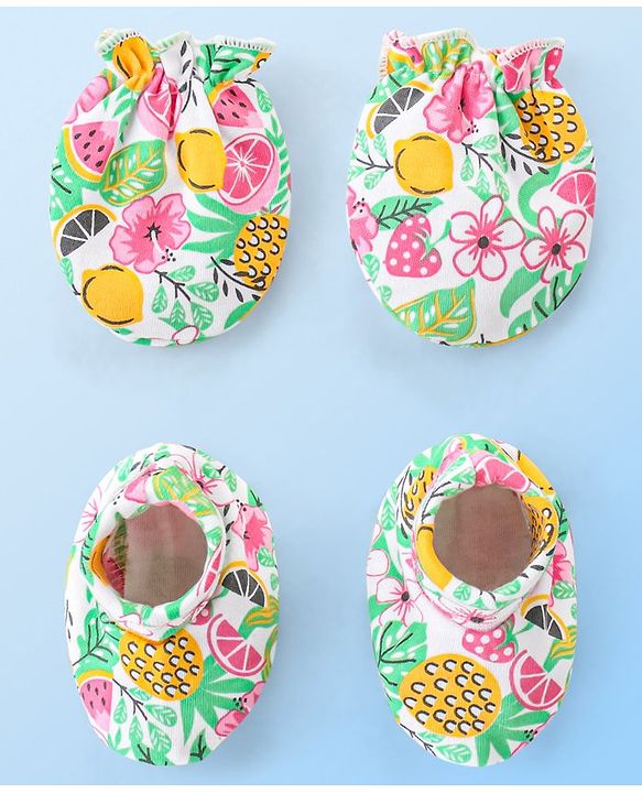 Babyhug 100% Cotton Knit Fruit Print Mittens and Booties - Multicolor